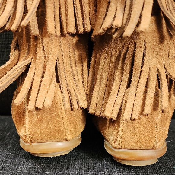 Minnetonka Tan Suede 3 Layer Fringe Calf Boots - Infant Girl's Size 7 - Picture 7 of 10